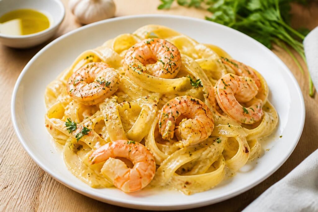 découvrez une recette savoureuse de pâtes aux crevettes à la crème et à l'ail, facile à réaliser pour un repas gourmand et rapide.
