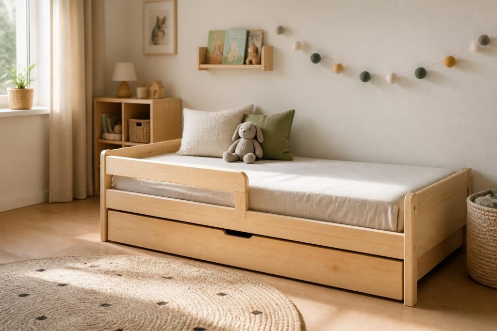 découvrez notre sélection de lits montessori 90x190 cm avec barrière, tiroir de rangement et matelas adaptés, alliant sécurité et confort pour le sommeil de votre enfant.