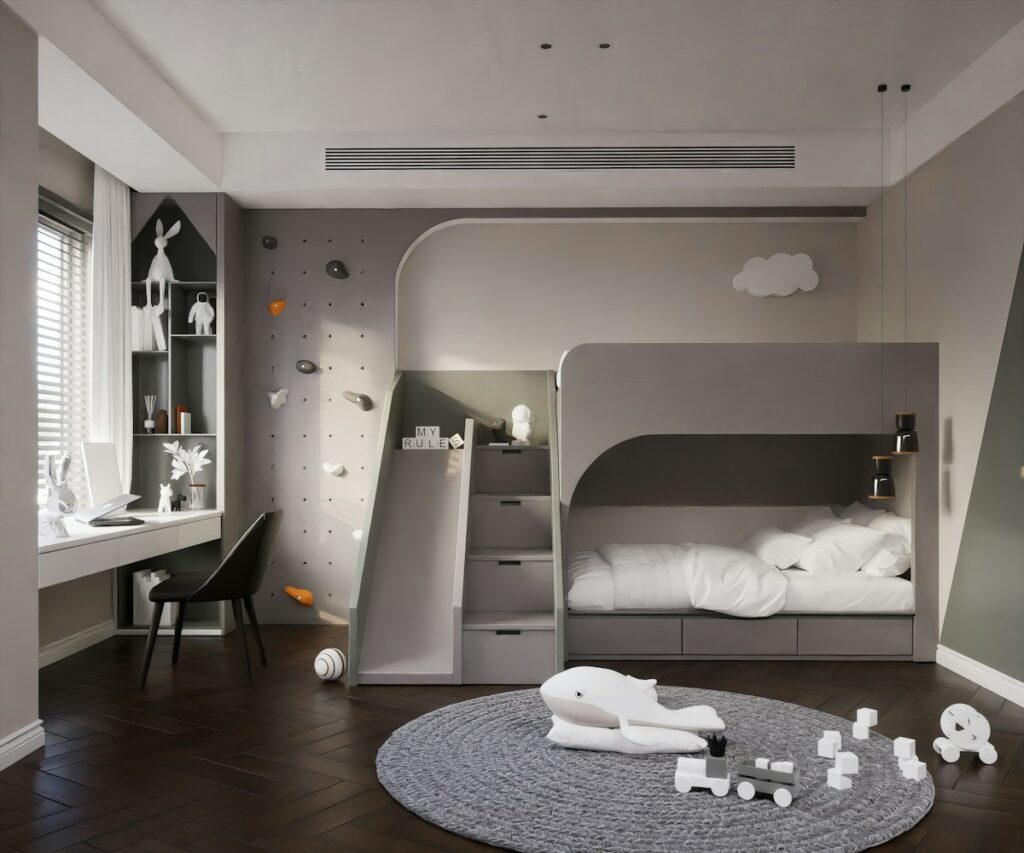 Chambre d’enfants partagée avec lits superposés et espace de jeu